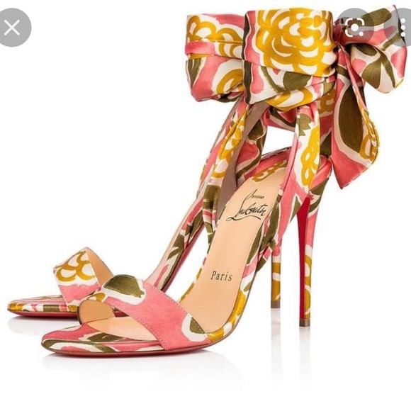 Christian Louboutin Pink Floral Bow Ankle-Tie Stiletto Sandals